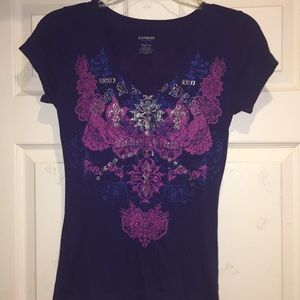Express Purple Graphic Vneck Fitted Tee Shirt